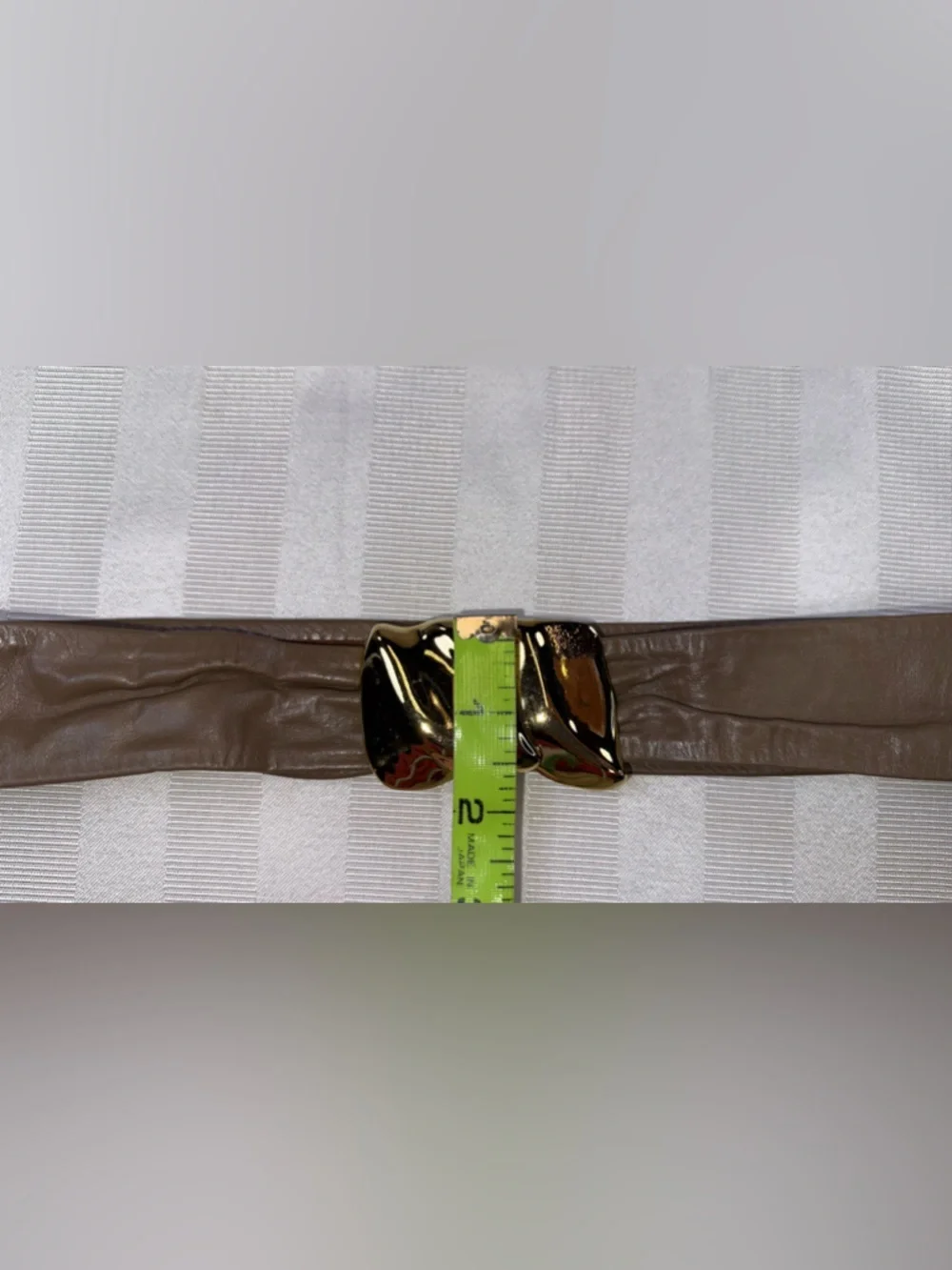 Vintage 80’s Belt Taupe Soft Leather Sculptural Gold Tone Clasp Buckle